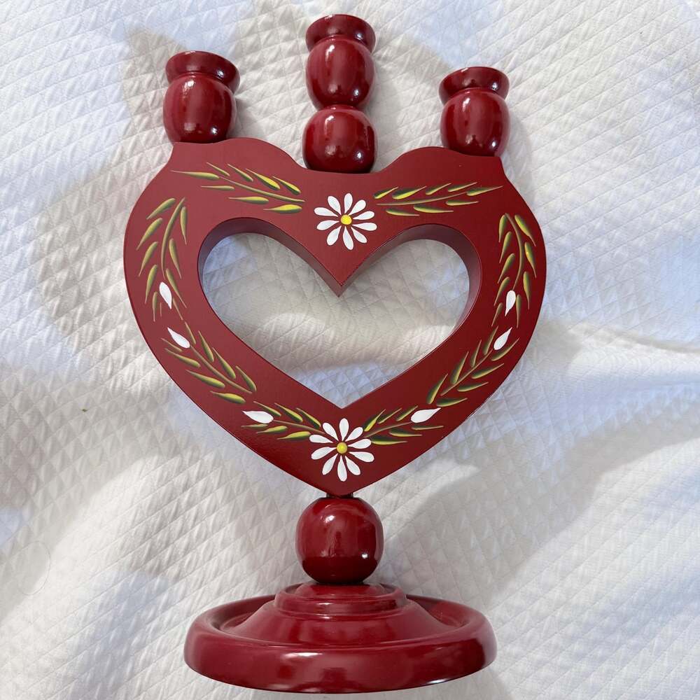 Vintage Swedish Wooden Heart Candelabra, Red Hand Painted Folk Art 3 Arm Candle